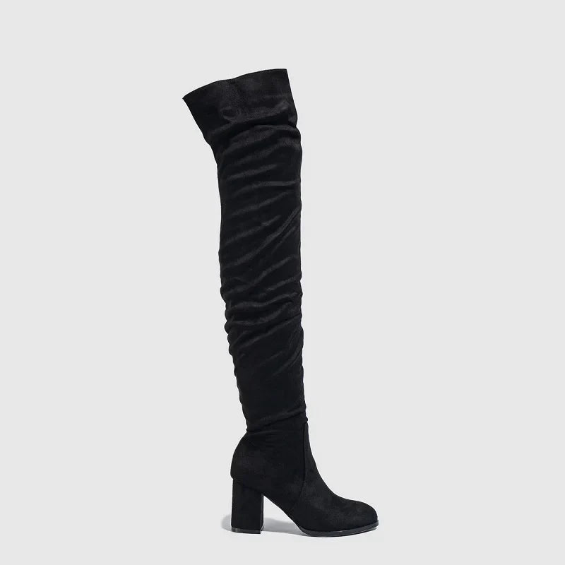 Winter Zipper Flock Square Heel Thigh Long Botas De Mujer Knee High Boots