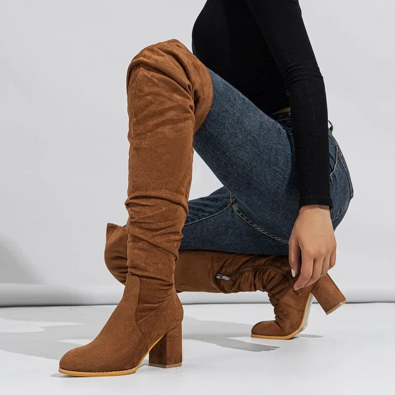 Winter Zipper Flock Square Heel Thigh Long Botas De Mujer Knee High Boots