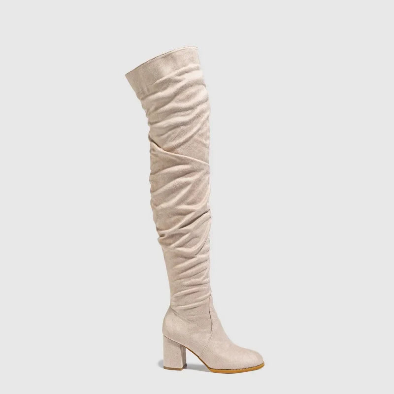 Winter Zipper Flock Square Heel Thigh Long Botas De Mujer Knee High Boots