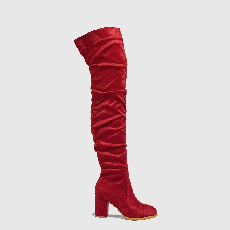 Winter Zipper Flock Square Heel Thigh Long Botas De Mujer Knee High Boots