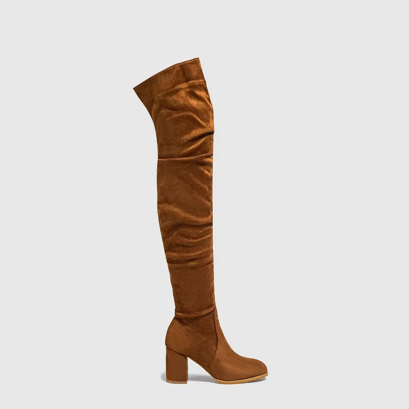 Winter Zipper Flock Square Heel Thigh Long Botas De Mujer Knee High Boots