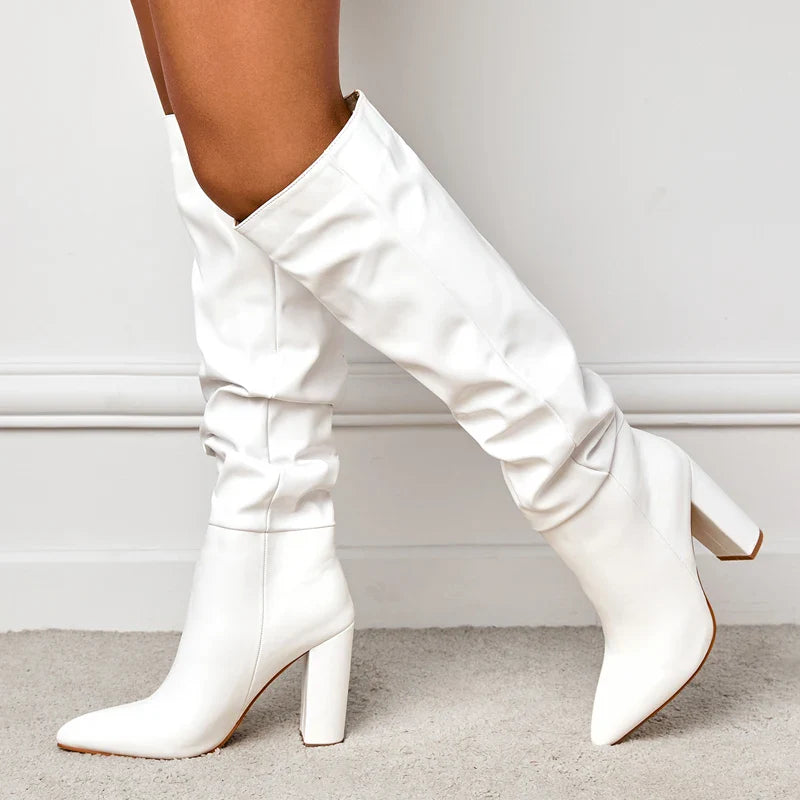 Spring Fashion Pleated Chunky Heels Slip On Pointed Toe Knee High Boots