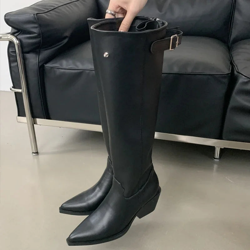 Winter Belt Buckle Pointed Toe Vintage Square Low Heels Knee High Boots