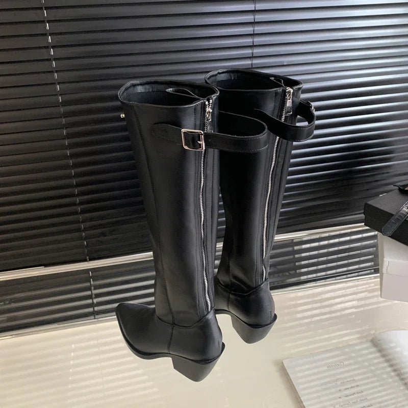 Winter Belt Buckle Pointed Toe Vintage Square Low Heels Knee High Boots
