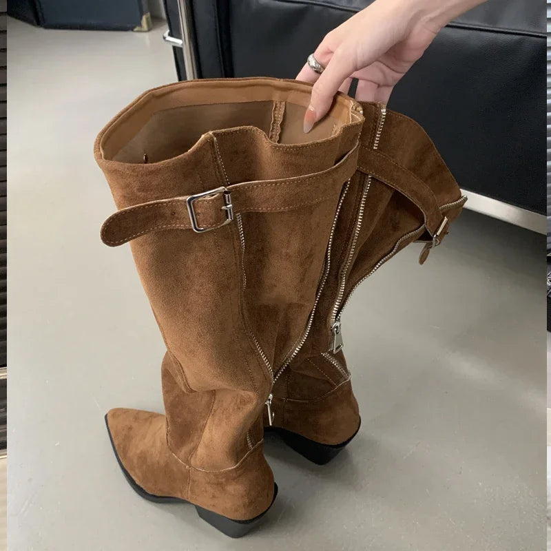 Winter Belt Buckle Pointed Toe Vintage Square Low Heels Knee High Boots