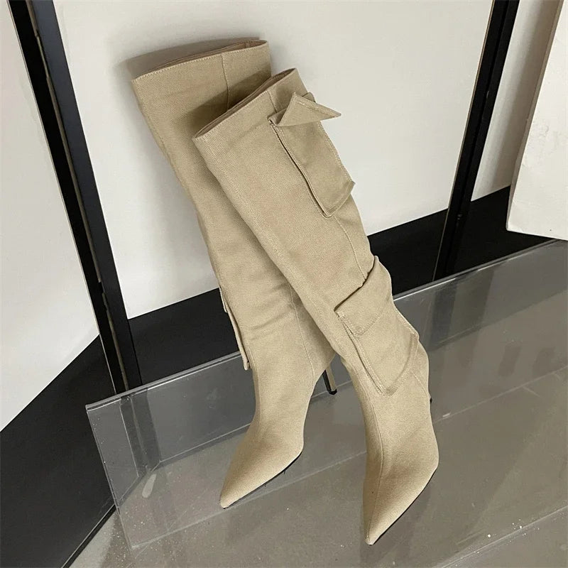 New Winter Pointed Toe Thin Heels Stripper Largas De Mujer Knee High Boots