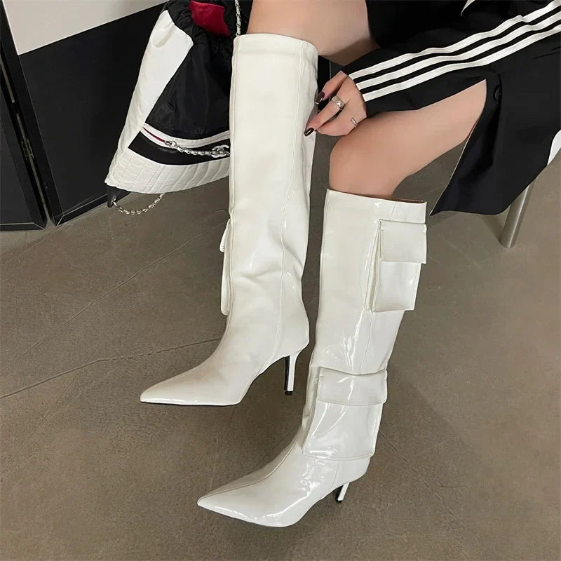 New Winter Pointed Toe Thin Heels Stripper Largas De Mujer Knee High Boots