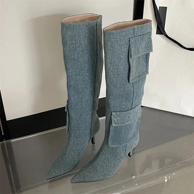 New Winter Pointed Toe Thin Heels Stripper Largas De Mujer Knee High Boots