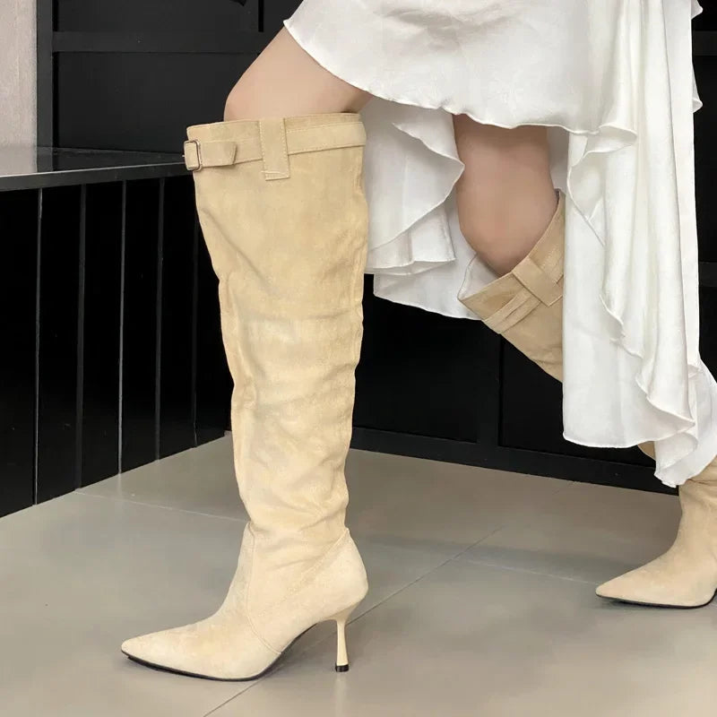 Winter Buckle Strap Pointed Toe Thin Heels Thigh Long Knee High Boots