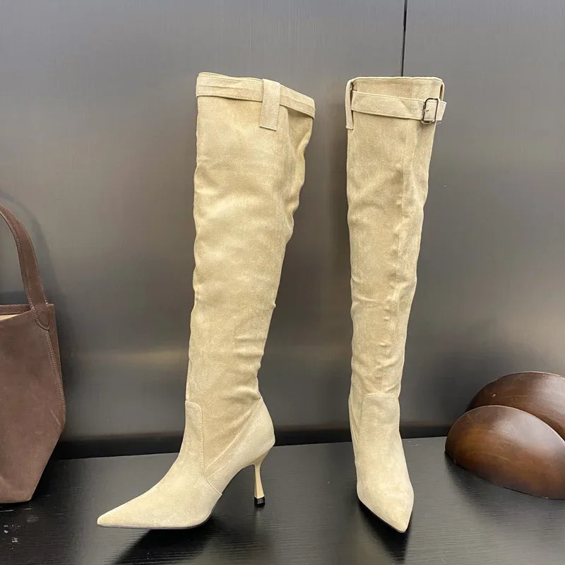 Winter Buckle Strap Pointed Toe Thin Heels Thigh Long Knee High Boots