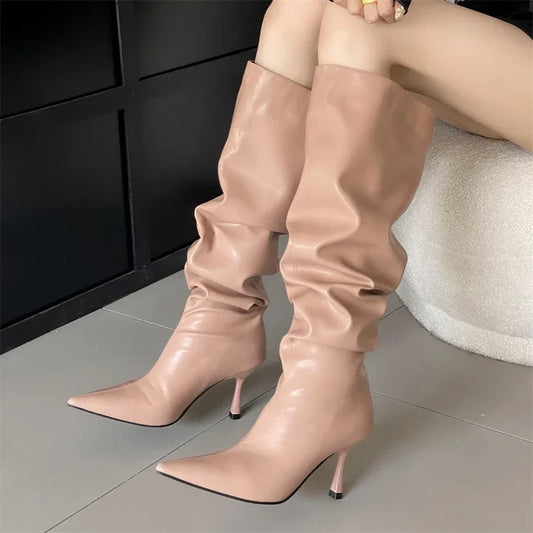 Winter Pleated Designer Pointed Toe Long Thin Heels Knee High Boots