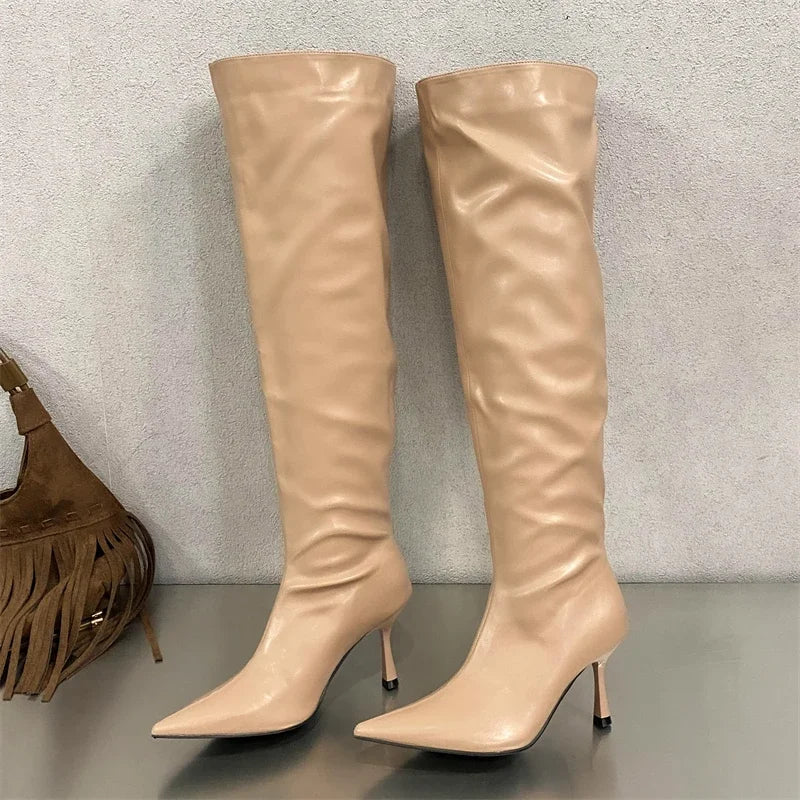 Winter Pleated Designer Pointed Toe Long Thin Heels Knee High Boots