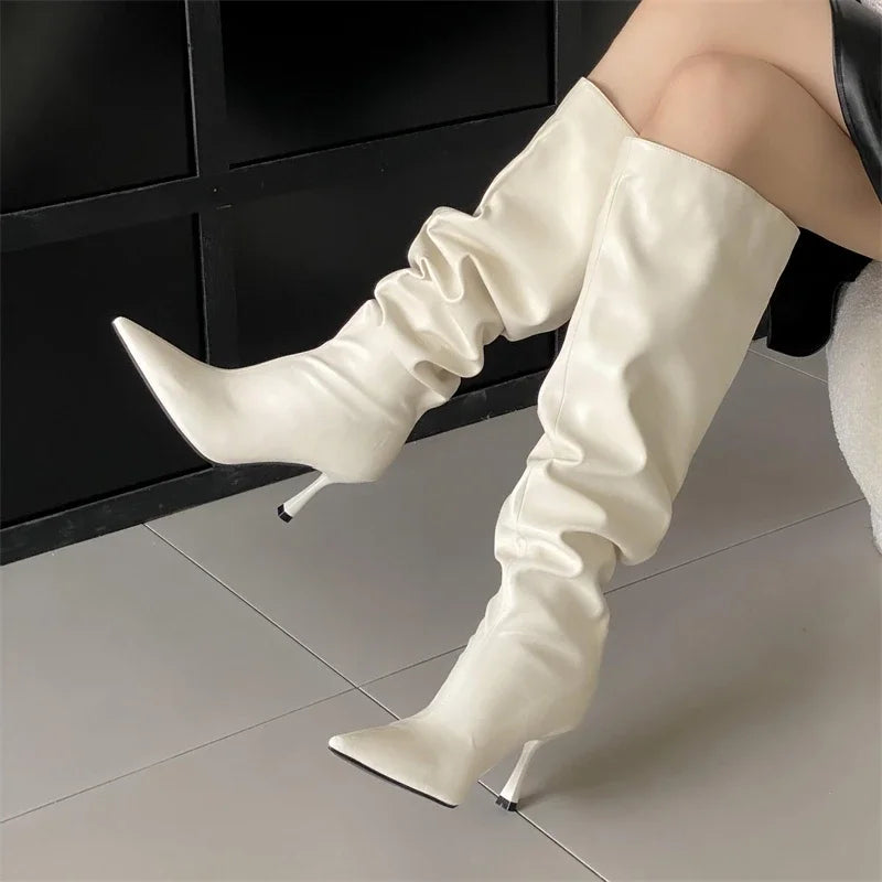 Winter Pleated Designer Pointed Toe Long Thin Heels Knee High Boots