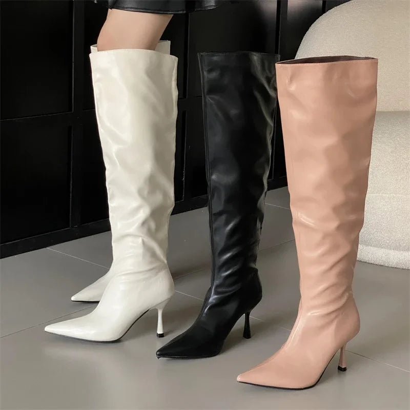 Winter Pleated Designer Pointed Toe Long Thin Heels Knee High Boots