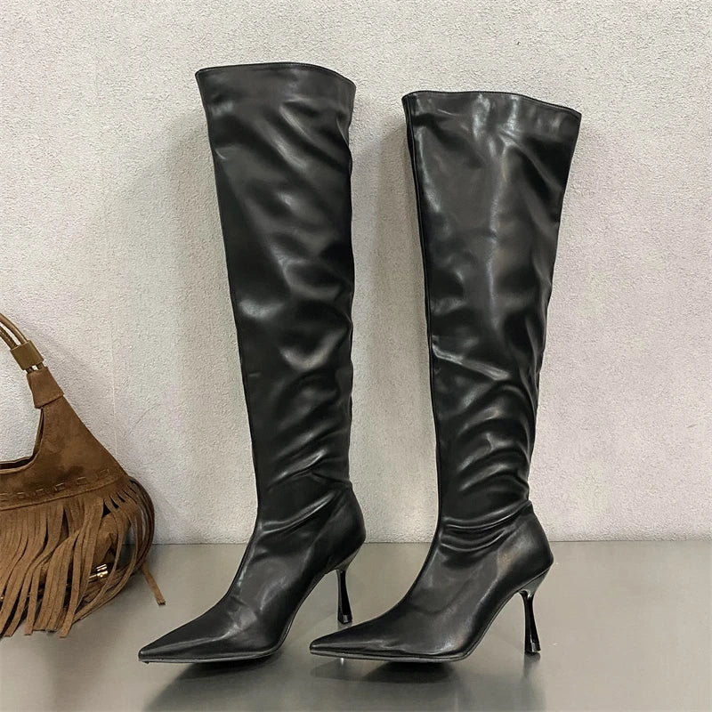 Winter Pleated Designer Pointed Toe Long Thin Heels Knee High Boots