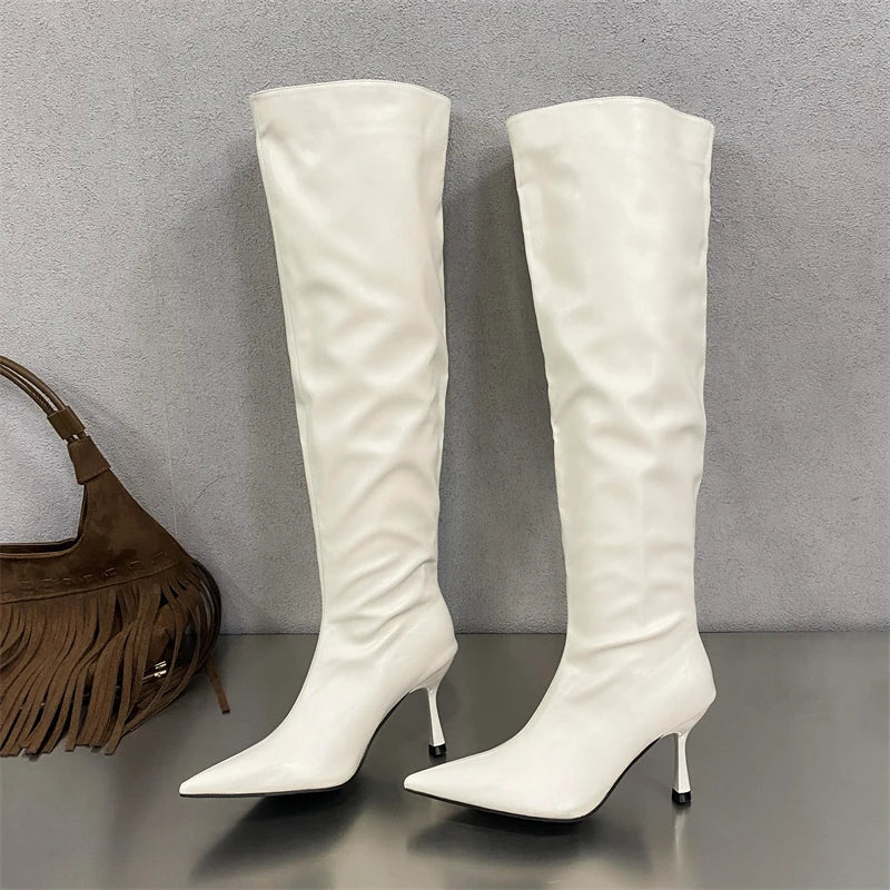 Winter Pleated Designer Pointed Toe Long Thin Heels Knee High Boots