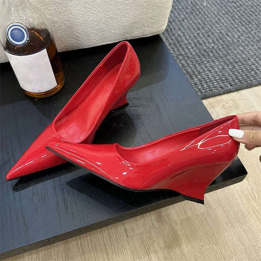 Design Pointed Toe Wedges Highs Silver Red Shoes Wedding Banquet Shoes Low Heel Pumps