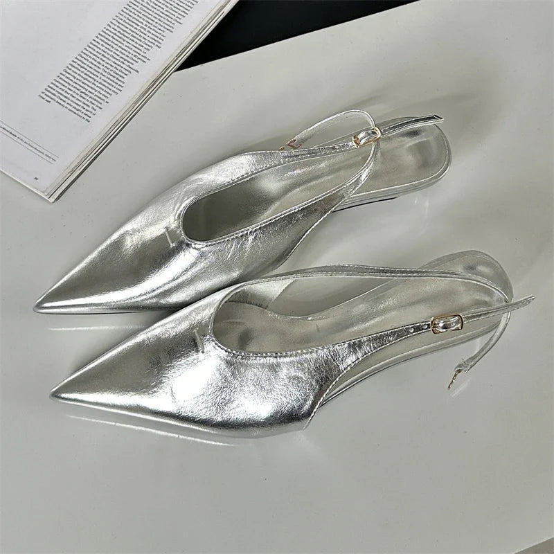 Designer Pointed Toe Buckle Strap Thin Elegant Banquet Dress Mule Ladies Shoes Low Heel Pumps