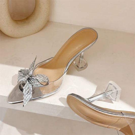 Elegant Glitter Peep Toe Slippers  PVC Transparent High Banquet Party Mule Shoes Low Heel Pumps