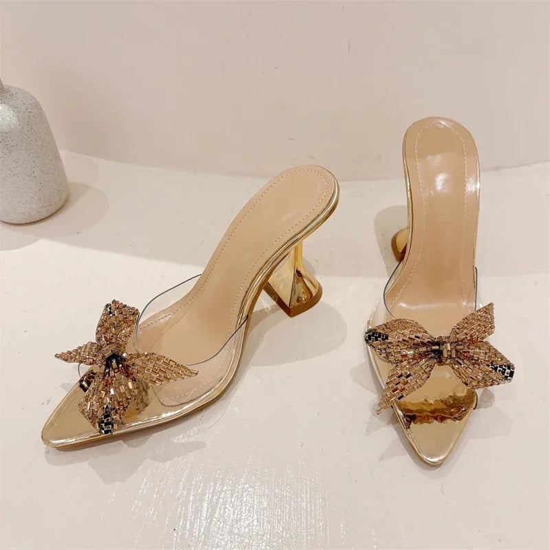 Elegant Glitter Peep Toe Slippers  PVC Transparent High Banquet Party Mule Shoes Low Heel Pumps