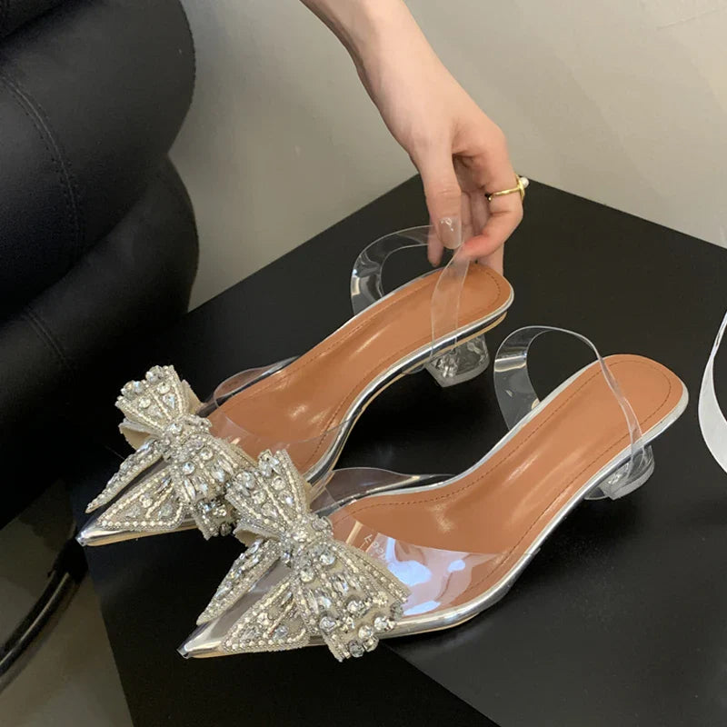 Elegant PVC Transparent Sequined Bowknot High Party Prom Shoes Low Heel Pumps