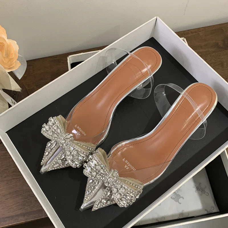 Elegant PVC Transparent Sequined Bowknot High Party Prom Shoes Low Heel Pumps