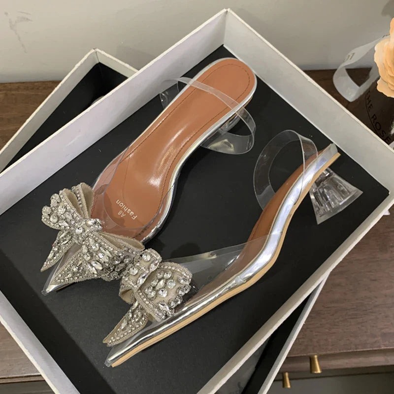 Elegant PVC Transparent Sequined Bowknot High Party Prom Shoes Low Heel Pumps