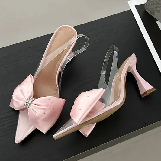 Fashion Butterfly-knot Pointed Toe PVC Transparent Highs Wedding Banquet Mules Shoes Low Heel Pumps