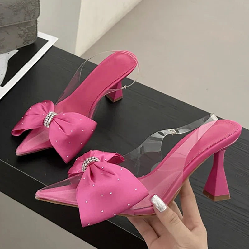 Fashion Butterfly-knot Pointed Toe PVC Transparent Highs Wedding Banquet Mules Shoes Low Heel Pumps