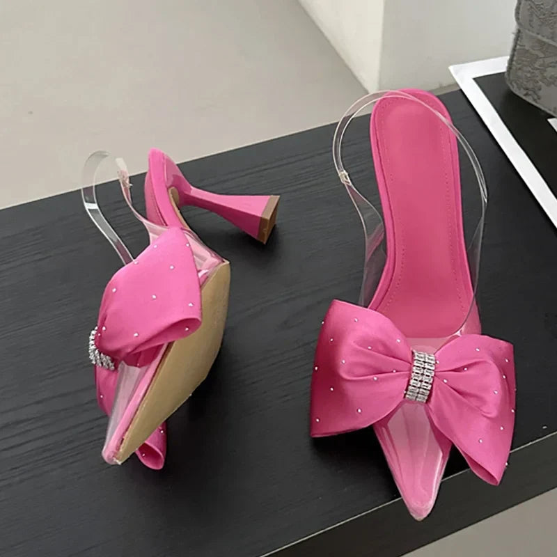 Fashion Butterfly-knot Pointed Toe PVC Transparent Highs Wedding Banquet Mules Shoes Low Heel Pumps