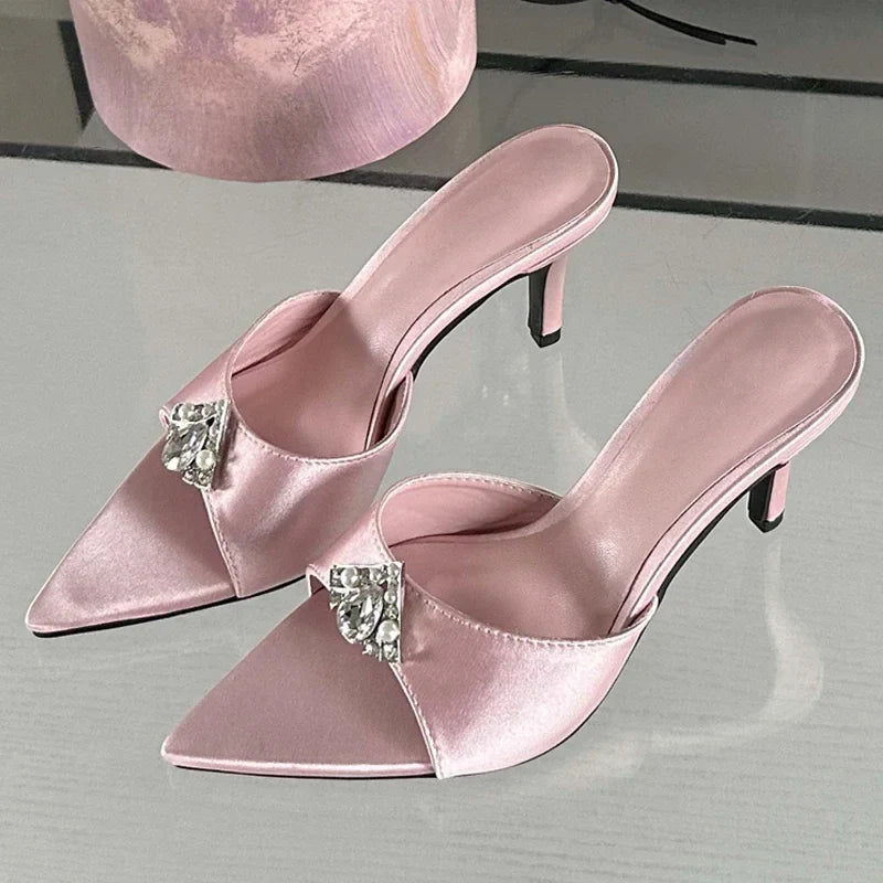 Fashion Diamond Slippers Summer Pointed Toe Ladies Slides Sandals Low Heel Pumps