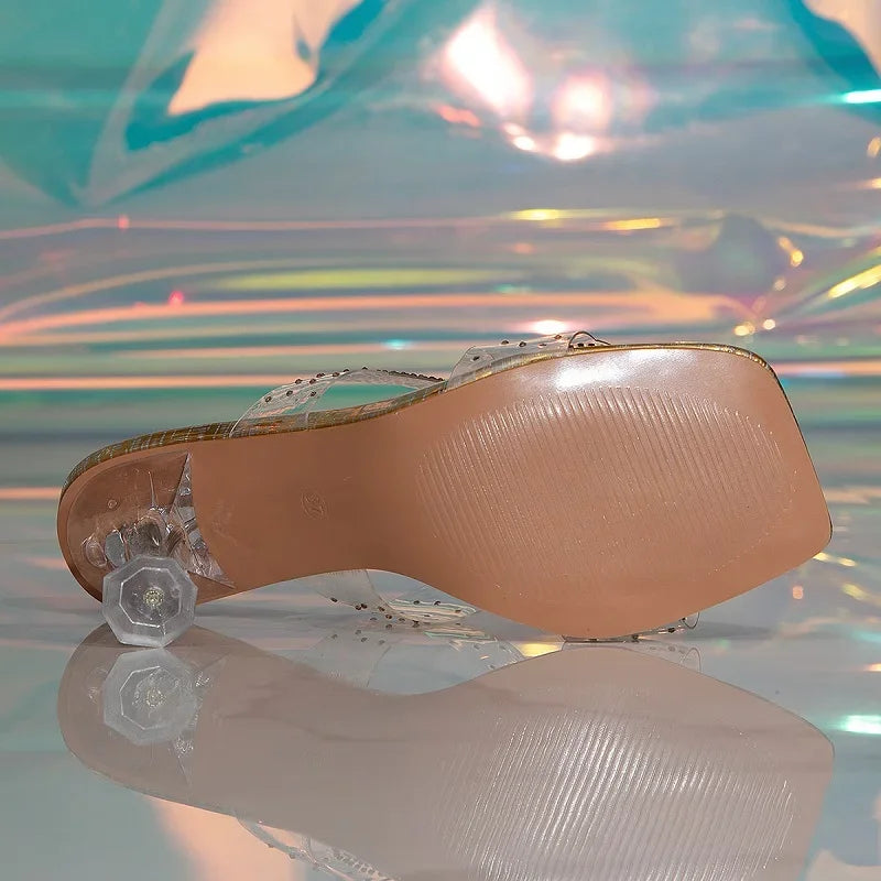 Fashion Gold Silver PVC Transparent Summer Slippers Clear High Banquet Shoes Low Heel Pumps