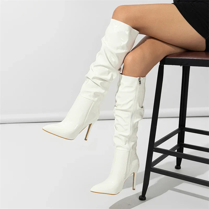 Fashion Patent Leather Pointed Toe Thin Heels Zipper Long Knee High Boots