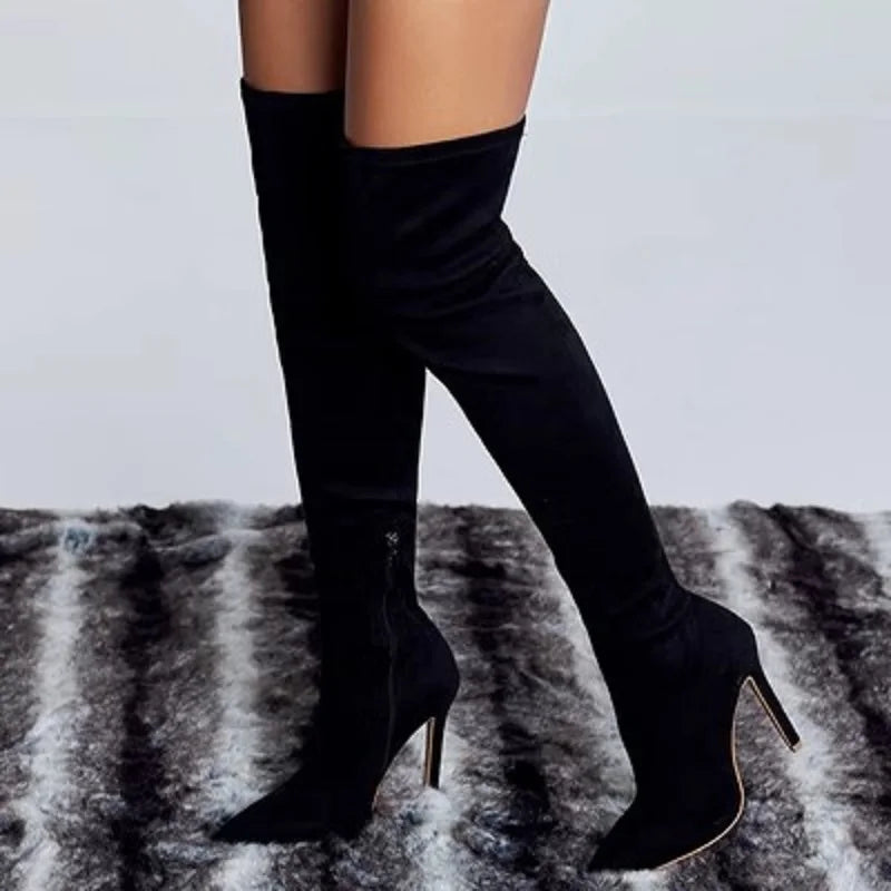 Fashion Pointed Toe Thin Heels Flock Thigh Long Autumn Winter Knee High Boots