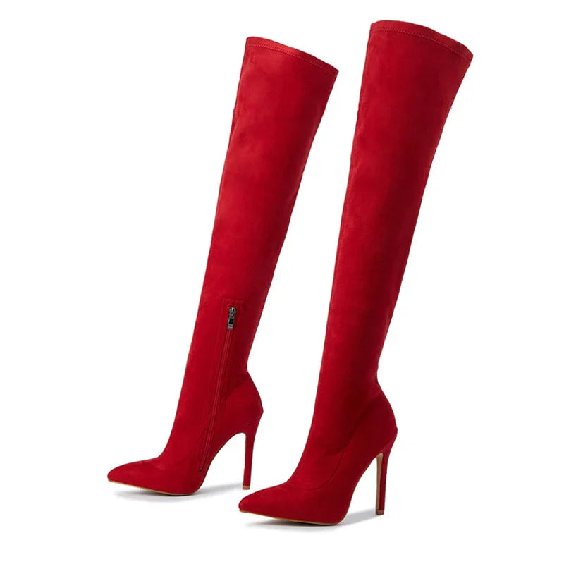 Fashion Pointed Toe Thin Heels Flock Thigh Long Autumn Winter Knee High Boots