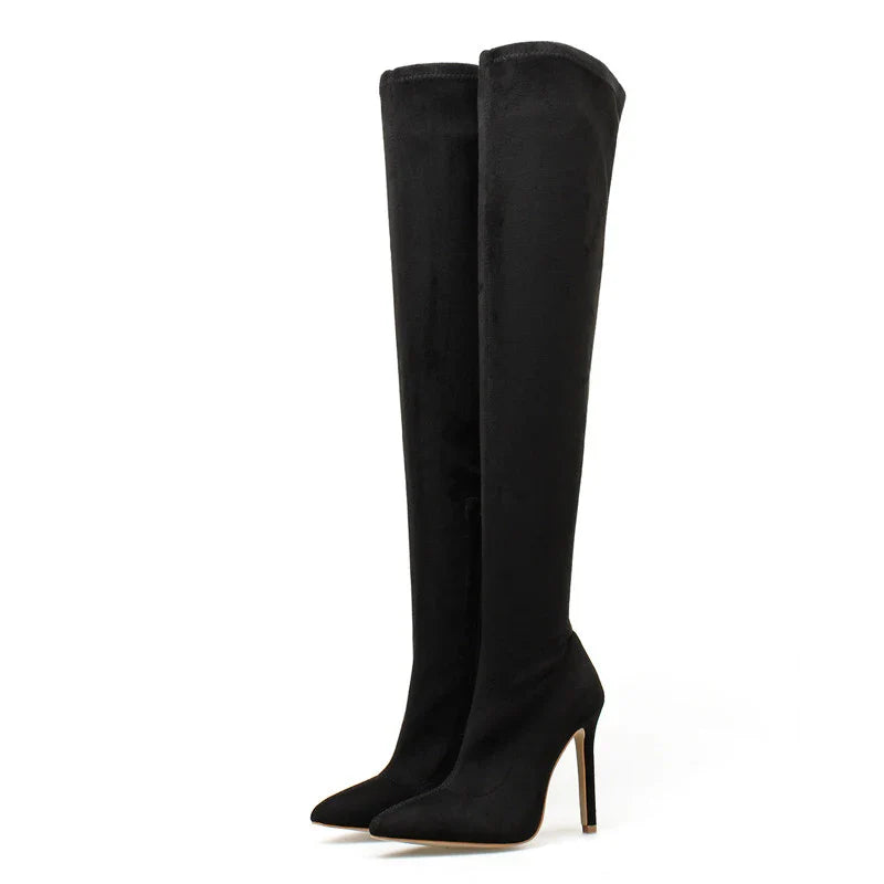 Fashion Pointed Toe Thin Heels Flock Thigh Long Autumn Winter Knee High Boots