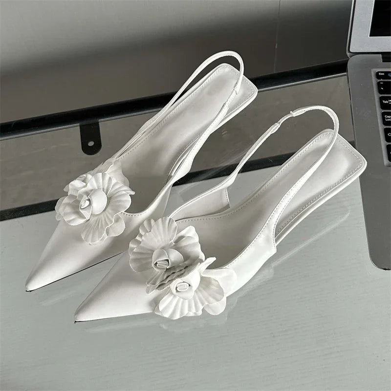 Fashion Pointed Toe Thin Elegant Wedding Slingback Mules Shoes Low Heel Pumps