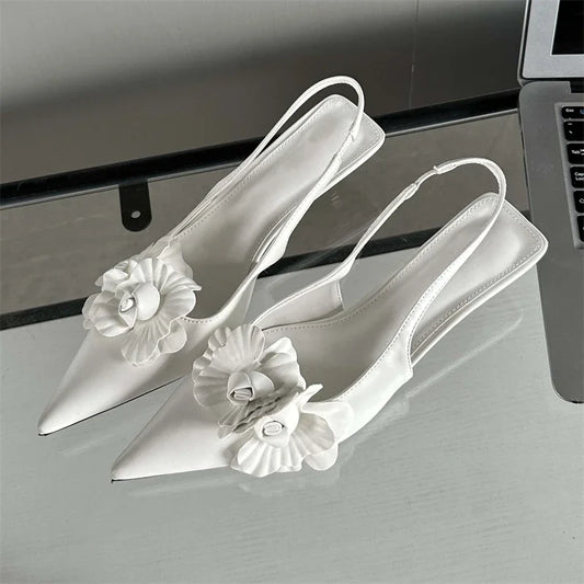 Fashion Pointed Toe Thin Elegant Wedding Slingback Mules Shoes Low Heel Pumps