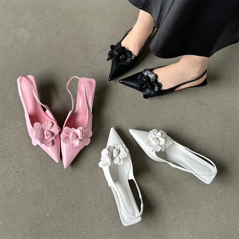 Fashion Pointed Toe Thin Elegant Wedding Slingback Mules Shoes Low Heel Pumps