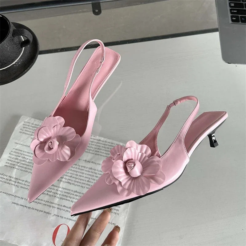 Fashion Pointed Toe Thin Elegant Wedding Slingback Mules Shoes Low Heel Pumps