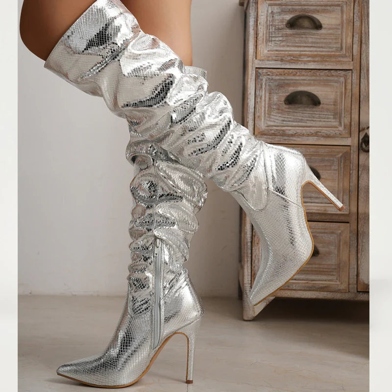 Fashion Silver Pointed Toe Thin Heels Long Side Zipper Knee High Boots