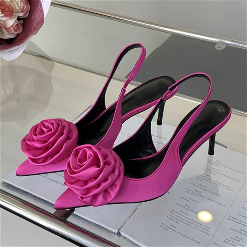 Satin Slingback Design Pointed Toe Thin Highs Banquet Wedding Mule Shoes Low Heel Pumps