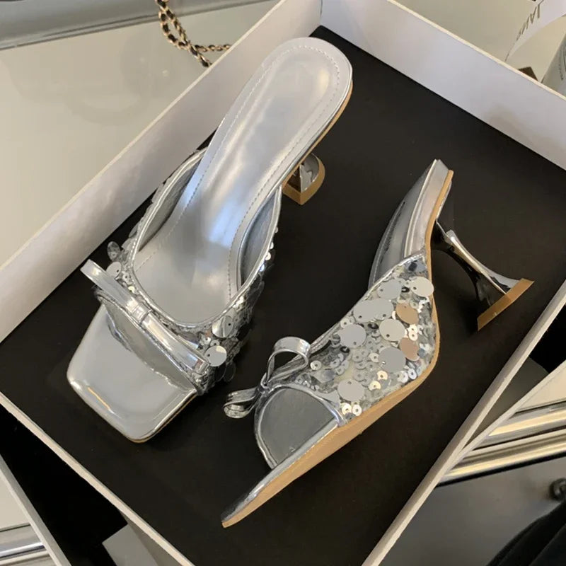 Sequined Square Toe Slippers Butterfly-knot Elegant High Dress Shoes Low Heel Pumps