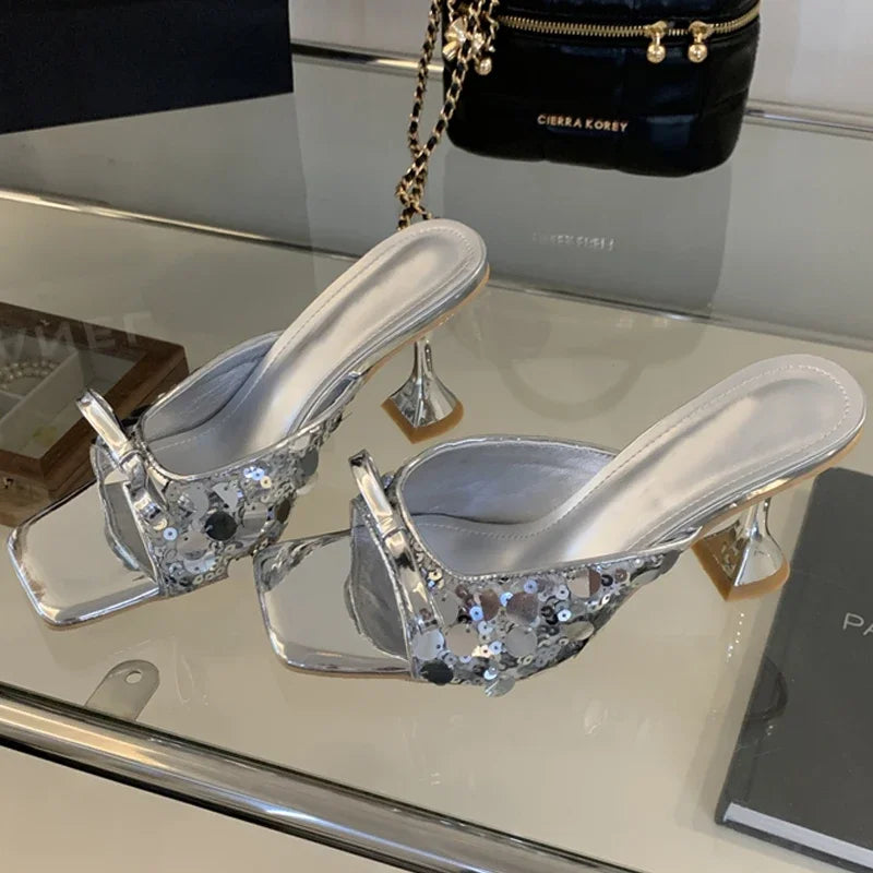 Sequined Square Toe Slippers Butterfly-knot Elegant High Dress Shoes Low Heel Pumps