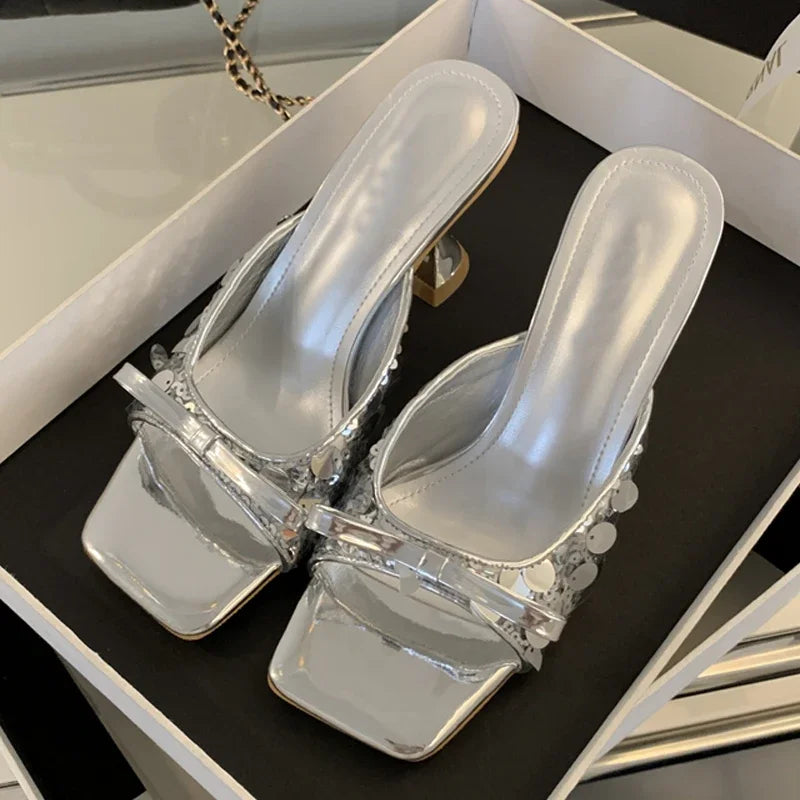 Sequined Square Toe Slippers Butterfly-knot Elegant High Dress Shoes Low Heel Pumps