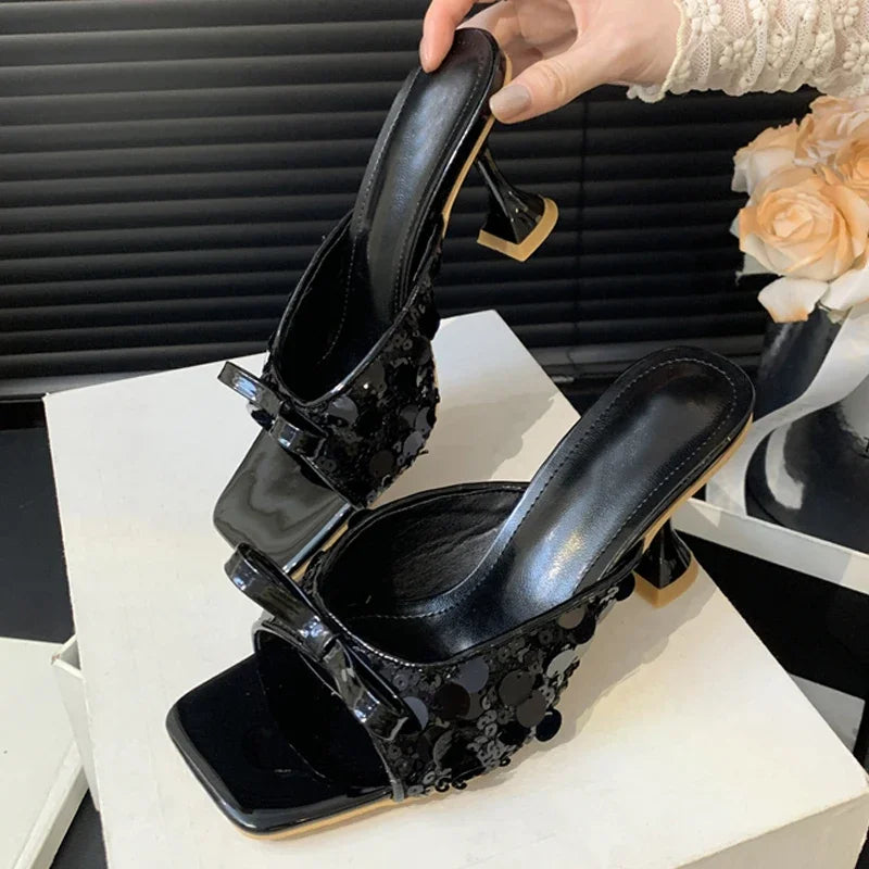 Sequined Square Toe Slippers Butterfly-knot Elegant High Dress Shoes Low Heel Pumps