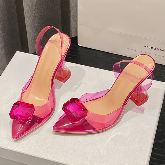 Perspex High Slingbacks Designer Pointed Toe PVC Transparent Shoes Low Heel Pumps