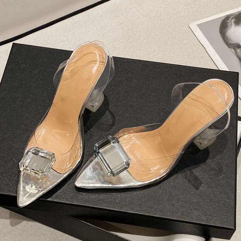 Perspex High Slingbacks Designer Pointed Toe PVC Transparent Shoes Low Heel Pumps