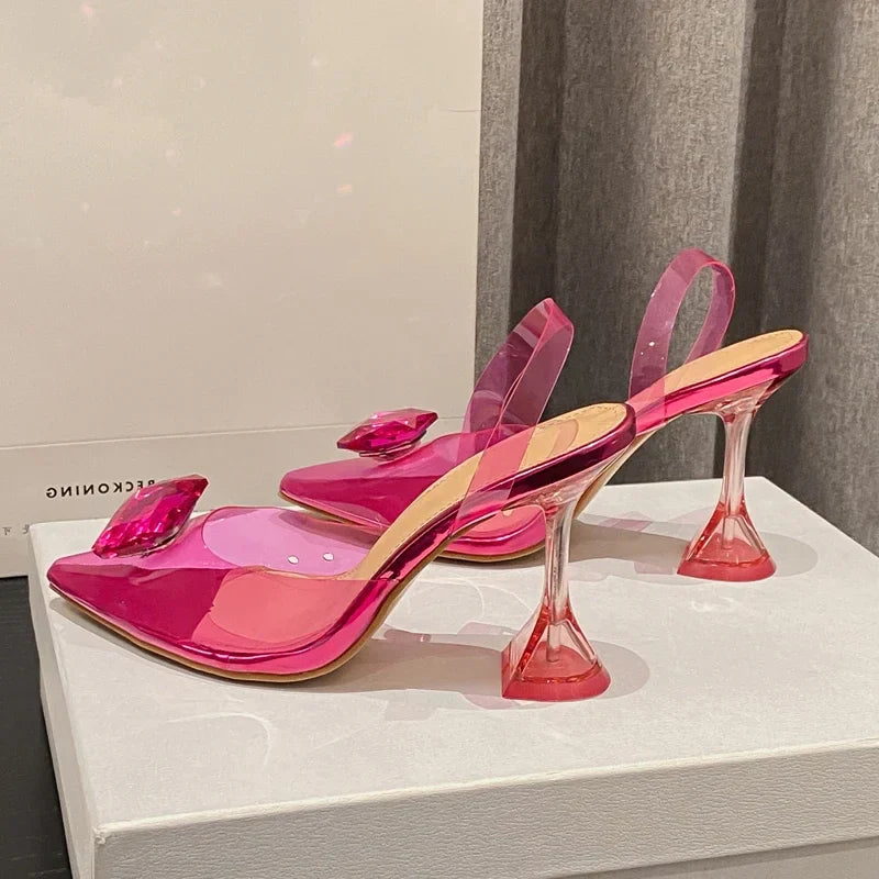 Perspex High Slingbacks Designer Pointed Toe PVC Transparent Shoes Low Heel Pumps