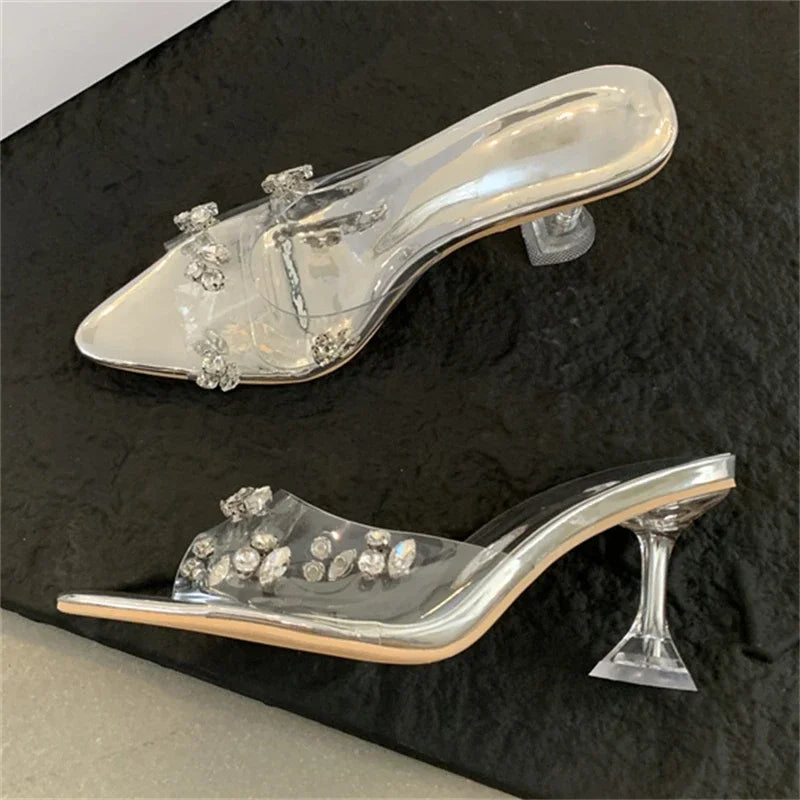 Diamond PVC Transparent Pointed Toe High Slippers Summer Slide Shoes Low Heel Pumps